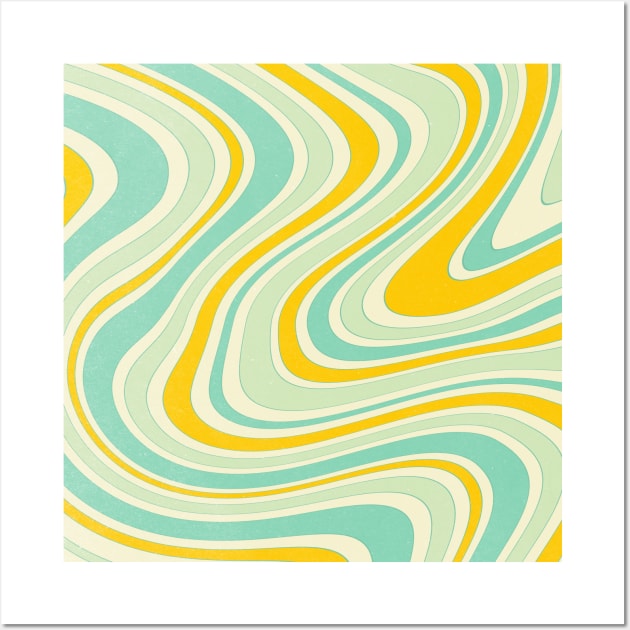 Retro Abstract 70s Wavy Swirl Blue Yellow Wall Art by Trippycollage